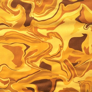 May include: Close-up of a fabric with a swirling, abstract pattern. The design features shades of yellow, gold, and brown, creating a marbled effect. The fabric's texture is smooth, with the colours blending seamlessly to form organic shapes.