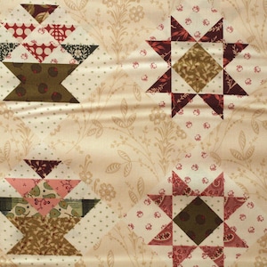 Könnte beinhalten: Ein beigefarbener Stoff mit einem sich wiederholenden Muster aus kleinen braunen Blüten und einem weißen Tupfenmuster. Vier Quiltblöcke sind auf den Stoff genäht. Zwei Blöcke sind ein Sternmuster mit rotem, braunem und weißem Stoff. Die anderen beiden Blöcke sind ein Korbmuster mit rosa, braunem und weißem Stoff.