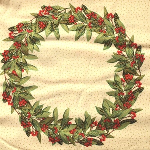May include: A circular wreath design with green leaves, gold detailing, and red berries. The wreath is set against a cream background with small gold polka dots. A festive, decorative pattern, suitable for seasonal crafts and home decor.