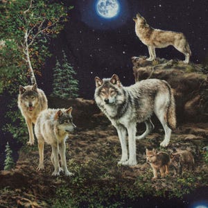 Peut inclure: Impression textile représentant une meute de loups dans une forêt sous un ciel étoilé nocturne avec une pleine lune. Les loups sont représentés dans diverses poses, certains debout, d'autres hurlant et d'autres se reposant parmi les arbres.