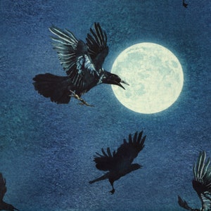 Può includere: Illustrazione blu scuro di una luna piena in un cielo notturno, con diversi corvi neri in volo. I corvi sono in silhouette contro la luna, con le ali spiegate. Il tema generale è una scena notturna e spettrale.