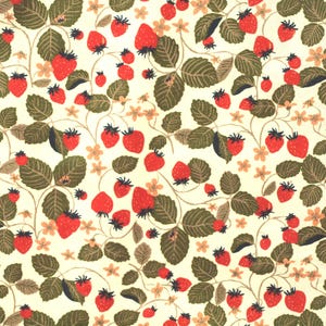 Può includere: Uno sfondo bianco con un motivo ripetitivo di foglie verdi e fragole rosse. Le fragole sono disposte in modo casuale e sono tutte rivolte nella stessa direzione.