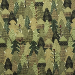 Peut inclure: Un motif de tissu avec un design répétitif d'arbres stylisés dans des tons de vert, de marron et de beige. Les arbres ont un aspect patchwork ou appliqué, avec des textures détaillées et de petits accents rouges. L'effet global est un thème rustique et boisé.