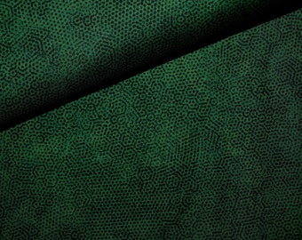 May include: Close-up of a dark green fabric with a textured pattern of small, repeating circles.
