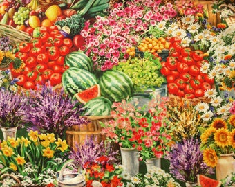 Stoff Gemüse, Früchte und Blumen