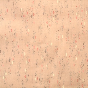May include: A pale pink fabric with a repeating pattern of small, delicate floral sprigs in shades of grey, white, and red.