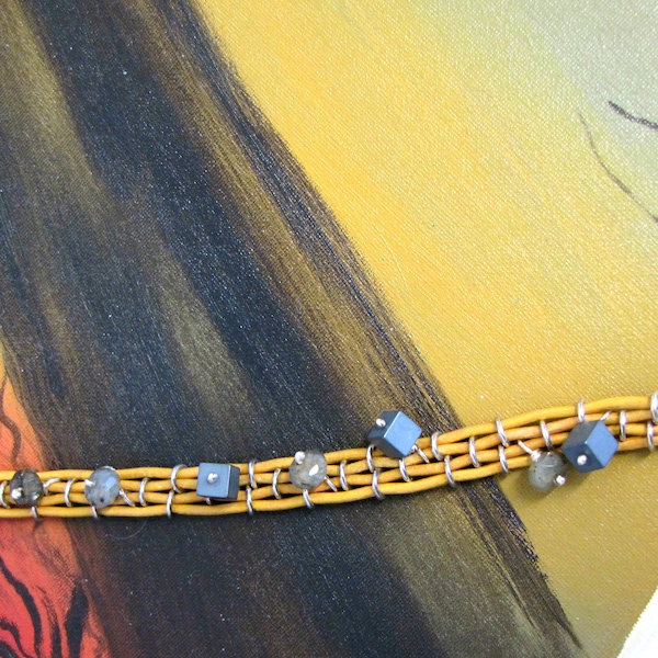 Bracelet en cuir de vachette avec argent 925, hématite labradorite