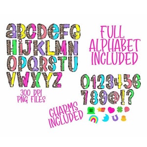 Colorful Cheetah Leopard Lucky Clover Font PNG Files, Full Alphabet Included, St. Patrick's Day Font