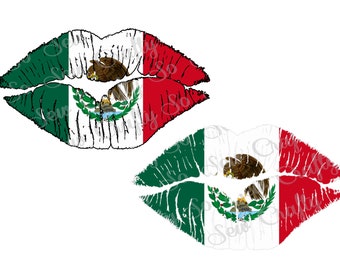 Op de afbeelding: Twee rode, witte en groene lippen met een verweerde look. De lippen zijn bedrukt met de Mexicaanse vlag, inclusief de adelaar en het wapenschild.