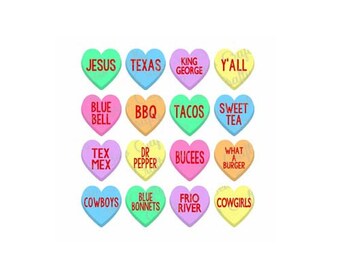 May include: A collection of colorful heart-shaped candies with various text inscriptions. The candies feature phrases like "Jesus," "Texas," "Tacos," and "Cowgirls," in a variety of colors, including blue, pink, green, and yellow.