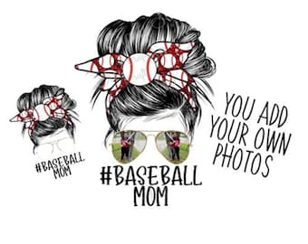 Baseball Mom Messy Bun Red Glitter PNG, Editable Baseball Mom, Baseball Mom Design, You add your own photos!
