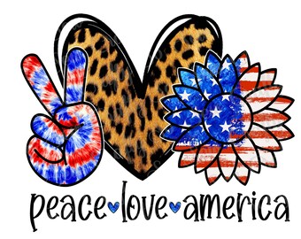 May include: Peace Love America graphic with a peace sign, a heart with a leopard print, and a sunflower with red, white, and blue stripes.