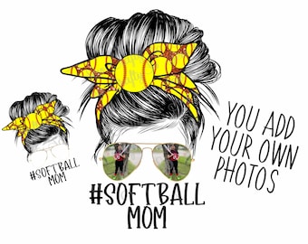 Softball Mom Messy Bun Orange Glitter PNG, Editable Softball Mom, Softball Mom Design, You add your own photos!