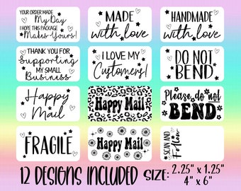 May include: Twelve black and white designs for small business packaging labels. The designs include phrases like "Made with love", "Happy Mail", "Fragile", and "Do Not Bend". The labels are 2.25 inches by 1.25 inches and are designed to fit on a 4 inch by 6 inch sheet.