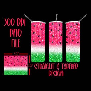 Glitter Watermelon 20oz Skinny Tumbler Wrap, Watermelon Summer Vibes PNG, Straight and Tapered for Both Included!