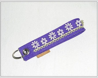 Wool felt keychain purple with flowers, key loop, lanyard, lanyards, key ring