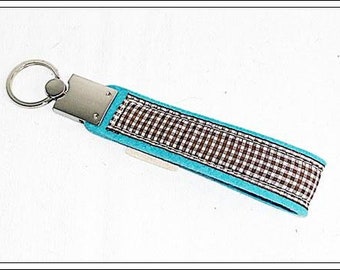 Wol vilten sleutelhanger turquoise met checkband, sleutellus, lanyard, lanyards, sleutelhanger