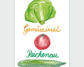 Karte Reichenauer Gemüse | Postkarte | Insel Reichenau | Salat | Tomate | Gurke | Bodensee | Urlaubskarte| Feriengrüße | Gemüse | Konstanz