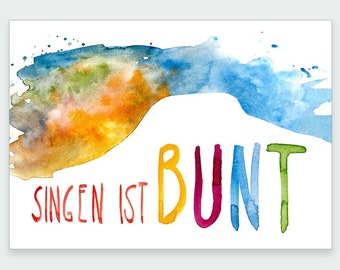 Karte Singen ist bunt | Postkarte | Urlaubsgrüße | Urlaubskarte | Hegau | Hohentwiel | Hontes | Vulkan | Berg | Burg | Bodensee | Festival