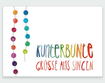 Karte Kunterbunte Grüsse aus Singen | Postkarte | Urlaubsgrüße | Hegau | Hohentwiel | Hontes | Vulkan | Berg | Burg | Bodensee | Festival