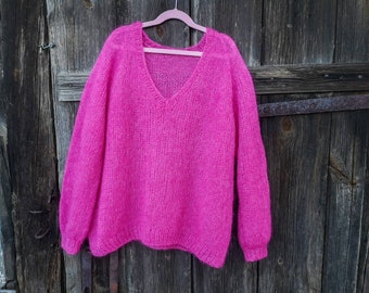 Mohair-Pullover, gestrickter Mohair-Pullover, pinkfarbener Pullover, übergroßer Pullover, V-Ausschnitt-Pullover, Mohair-Pullover