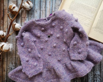 Knitted bubble baby sweater, lavender tunic, soft baby sweater with ruffle