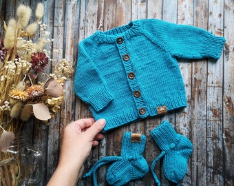 Blue newborn jacket Knitted baby cardigan Hand knitted baby sweater Merino wool jacket