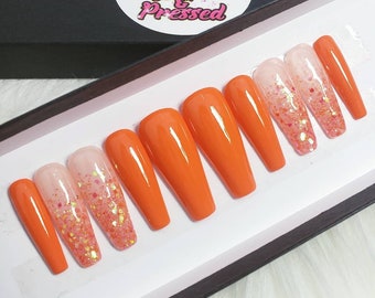 Orange Fake Nails Etsy