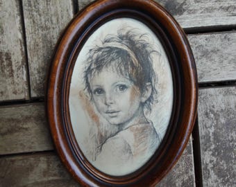 Small picture portrait fabric mural oval girl on silk