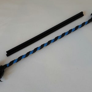 May include: Two black and blue rope whips with black handles. The whips are made of a braided rope with blue and black stripes.