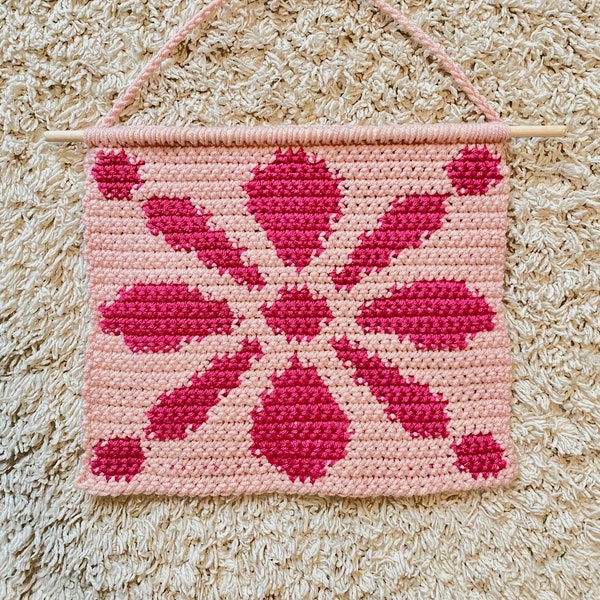 Simple Blooming Flower Motif | Crochet Wall Hanging Tapestry Pattern Graph | Cute Pink Y2K Room Decor | PDF Download