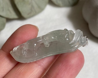 Icy Animal Jadeite Pendant, Translucent Jade, Natural, 18K Gold, Necklace, Grade A Certified