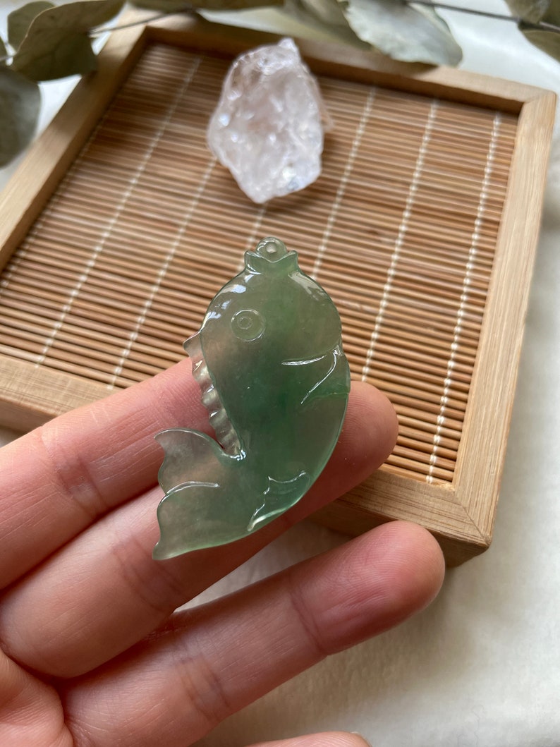 Icy Jade Fish Pendant, Natural Jade, Grade A Jade, Hand-Carved image 9