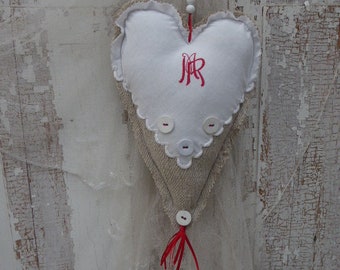 XL shabby linen heart, antique grain sack