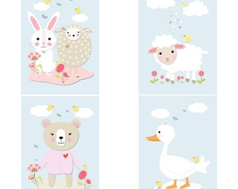 Nursery Poster Set, CHILDREN'S POSTER, Animals, Bear, Sheep, Bunny, CHILDREN'S ROOM PICTURE, Baby Room Pictures, Decoration, Boys' Room, Girls' Room, A4