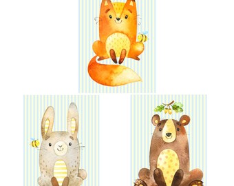 Nursery POSTER Set, CHILDREN'S POSTER, Animals, Fox, Bunny, Bear, CHILDREN'S ROOM PICTURE, Baby Room Pictures, Decoration, Boys' Room, Girls' Room, A4
