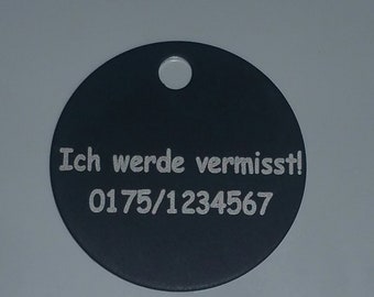 Engraved dog tag 20 mm or 30 mm, black, round, customizable