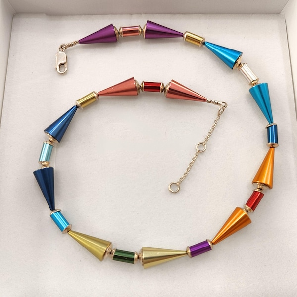 Colorful Geometric Beaded Necklace: Multicolored Aluminum Statement Jewelry
