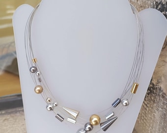 Handmade Geometric Necklace: Silver Gray Champagne Beaded Jewelry