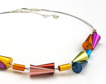 Geometric Colorful Choker, Vibrant Cone Aluminum Beads, Chunky Jewelry, Gift for Her