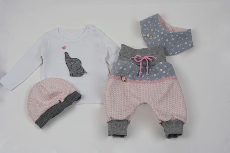 Babyset Baby Hose Babyhose Mütze Shirt Halstuch Kind Erstlingsset Bild 1