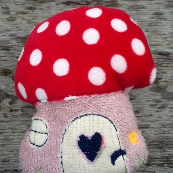 Baby rattle, Mushroom cottage, embroidered