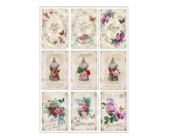 Iron-on foil, iron-on transfers with vintage motifs, roses, tailor's dummy, floral wreath for your vintage-style works.