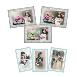 Ostern, Osterdeko, Postkarten / Osterkarten und 6 Geschenkanhänger mit Kindermotiven, im Vintage Stil als Set No 2