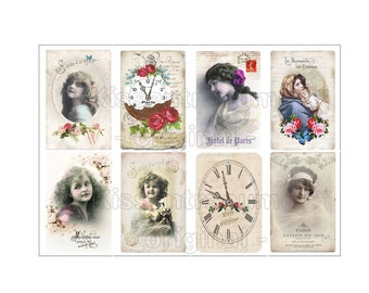 Iron-on foil, various iron-on transfers, motif sheet, vintage women & children motifs, 8 iron-on transfers for your works in shabby / vintage style.