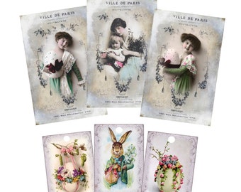 Easter, Easter decorations, postcards / Easter cards and 6 gift tags with Easter bunnies, in vintage style as Set No 4