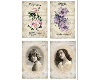 Iron-on foil, iron-on transfers with vintage flowers & girls motifs, 4 different iron-on transfers for your works in shabby / vintage style.