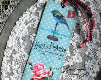 Bookmark, book gift, bookmark in great turquoise with bird motif, in vintage style.