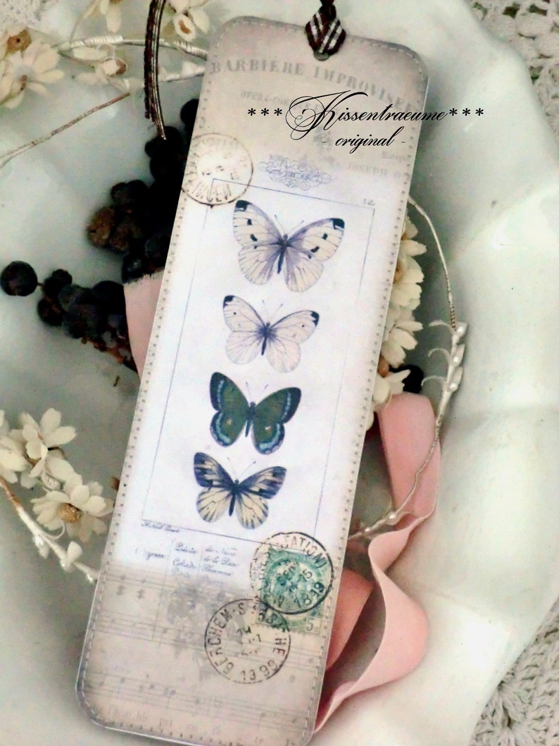 Bookmark, vintage bookmark made of double photo cardboard, butterflies motif and vintage style. image 2