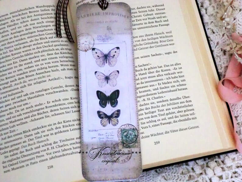 Bookmark, vintage bookmark made of double photo cardboard, butterflies motif and vintage style. image 5